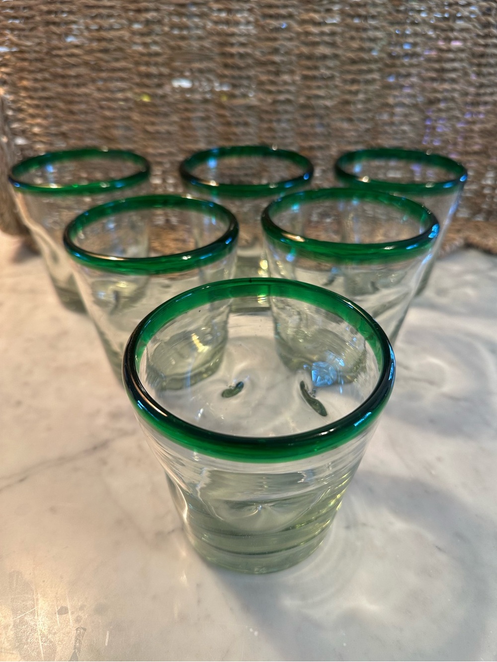 Verdant Day 6 Green-Rimmed Handblown Recycled Glass Glasses NEW